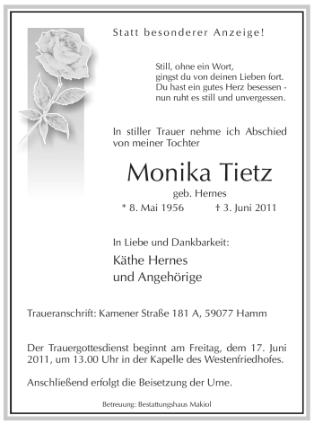 Todesanzeige von Monika Tietz von WESTFÄLISCHER ANZEIGER