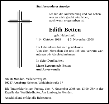 Todesanzeige von Edith Betten von WESTFÄLISCHER ANZEIGER