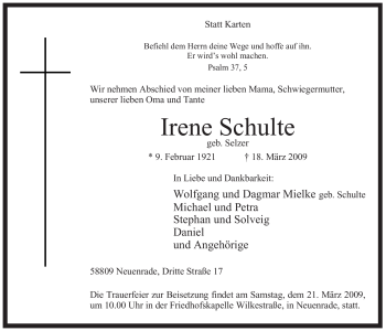 Todesanzeige von Irene Schulte von WESTFÄLISCHER ANZEIGER