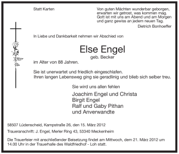 Todesanzeige von Else Engel von WESTFÄLISCHER ANZEIGER