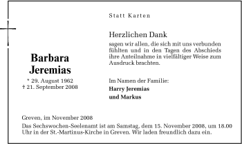 Todesanzeige von Barbara Jeremias von WESTFÄLISCHER ANZEIGER