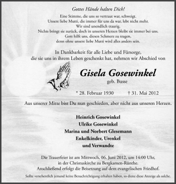 Todesanzeige von Gisela Gosewinkel von WESTFÄLISCHER ANZEIGER