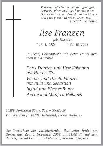 Todesanzeige von Ilse Franzen von WESTFÄLISCHER ANZEIGER