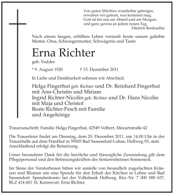 Todesanzeige von Erna Richter von WESTFÄLISCHER ANZEIGER
