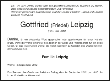 Todesanzeige von Gottfried Leipzig von MZV