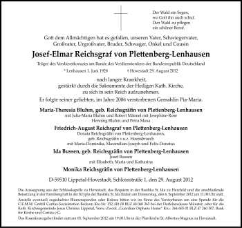 Todesanzeige von Josef-Elmar Graf von Plettenberg-Lenhausen von MZV