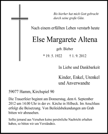 Todesanzeige von Else Margarete Altena von MZV