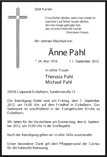 Todesanzeige von Änne Pahl von MZV
