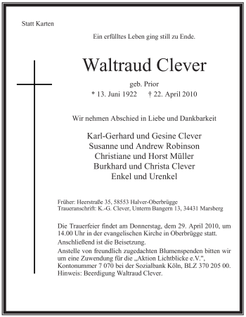 Todesanzeige von Waltraud Clever von WESTFÄLISCHER ANZEIGER