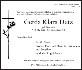 Todesanzeige von Gerda Klara Dutz von MZV