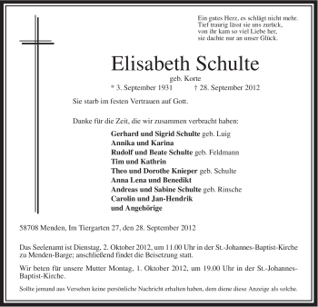 Todesanzeige von Elisabeth Schulte von MZV