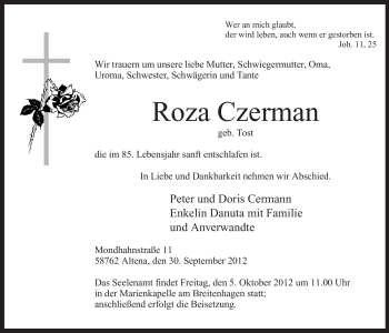 Todesanzeige von Roza Czerman von MZV
