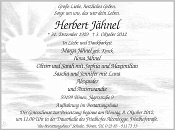 Todesanzeige von Herbert Jähnel von MZV