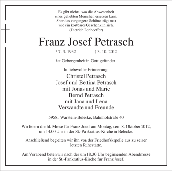 Todesanzeige von Franz Josef Petrasch von MZV