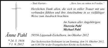 Todesanzeige von Änne Pahl von MZV