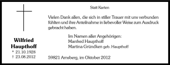 Todesanzeige von Wilfried Haupthoff von MZV