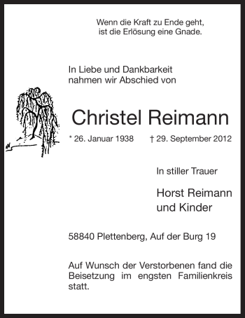 Todesanzeige von Christel Reimann von MZV