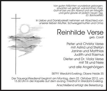 Todesanzeige von Reinhilde Verse von MZV