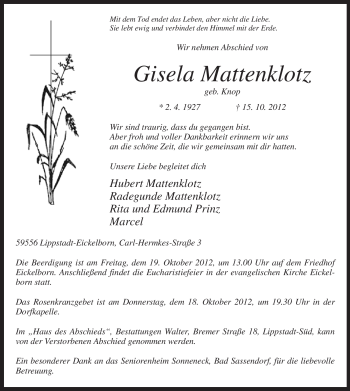 Todesanzeige von Gisela Mattenklotz von MZV