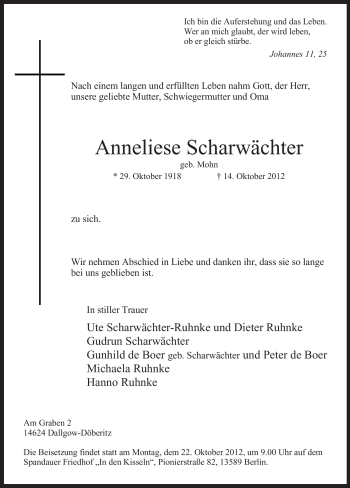 Todesanzeige von Anneliese Scharwächter von MZV