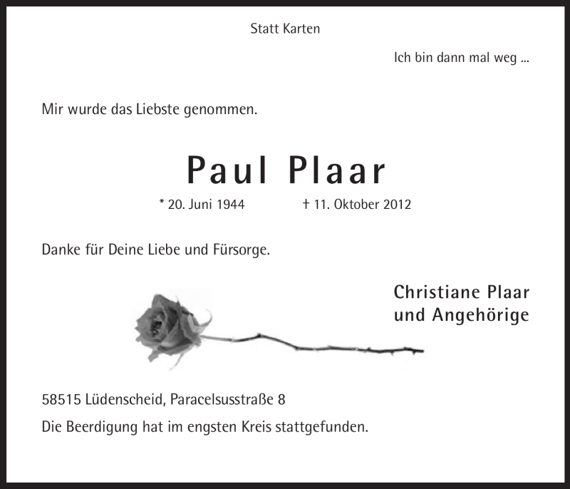  Traueranzeige für Paul Plaar vom 18.10.2012 aus MZV