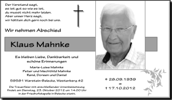 Todesanzeige von Klaus Mahne von MZV
