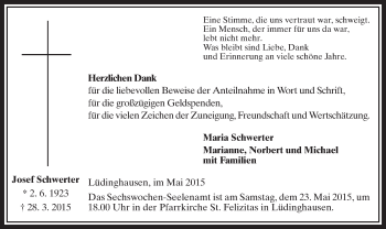 Todesanzeige von Josef Schwerter von MZV