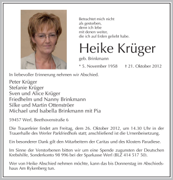 Todesanzeige von Heike Krüger von MZV