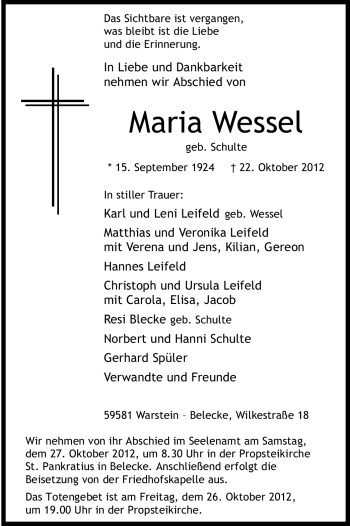 Todesanzeige von Maria Wessel von MZV