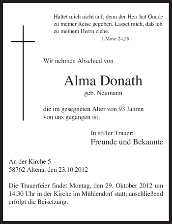 Todesanzeige von Alma Donath von MZV