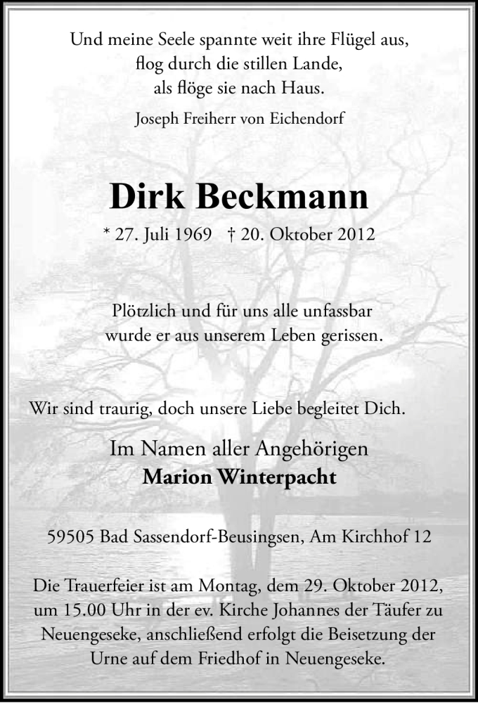  Traueranzeige für Dirk Beckmann vom 25.10.2012 aus MZV