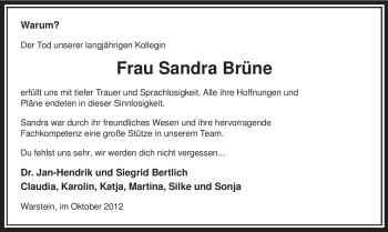 Todesanzeige von Sandra Brüne von MZV