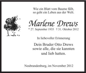 Todesanzeige von Marlene Drews von MZV