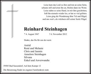 Todesanzeige von Reinhard Steinhagen von MZV