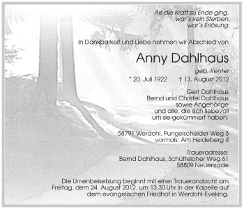 Todesanzeige von Anny Dahlhaus von WESTFÄLISCHER ANZEIGER