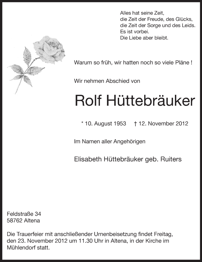  Traueranzeige für Rolf Hüttebräuker vom 17.11.2012 aus MZV