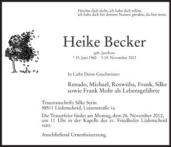 Todesanzeige von Heike Becker von MZV