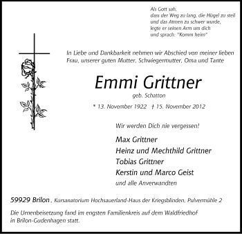 Todesanzeige von Emmi Grittner von MZV