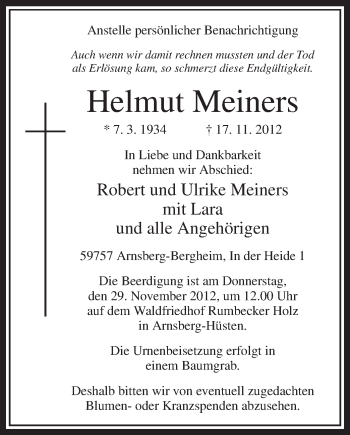Todesanzeige von Helmut Meiners von MZV
