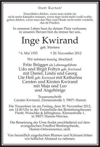 Todesanzeige von Inge Kwirand von MZV