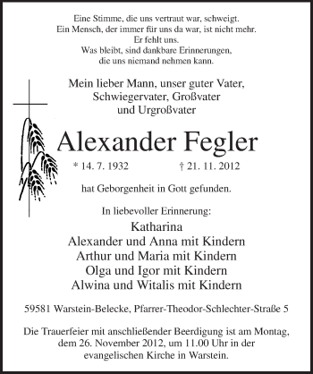 Todesanzeige von Alexander Fegler von MZV