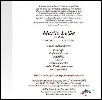 Todesanzeige von Marita Leiße von MZV