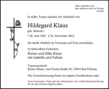 Todesanzeige von Hildegard Klaus von MZV
