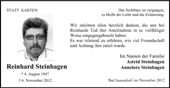 Todesanzeige von Reinhard Steinhagen von MZV