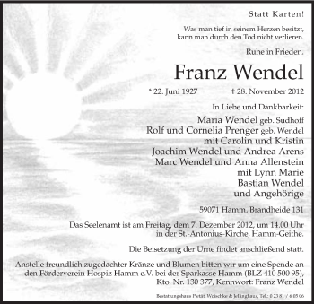 Todesanzeige von Franz Wendel von MZV