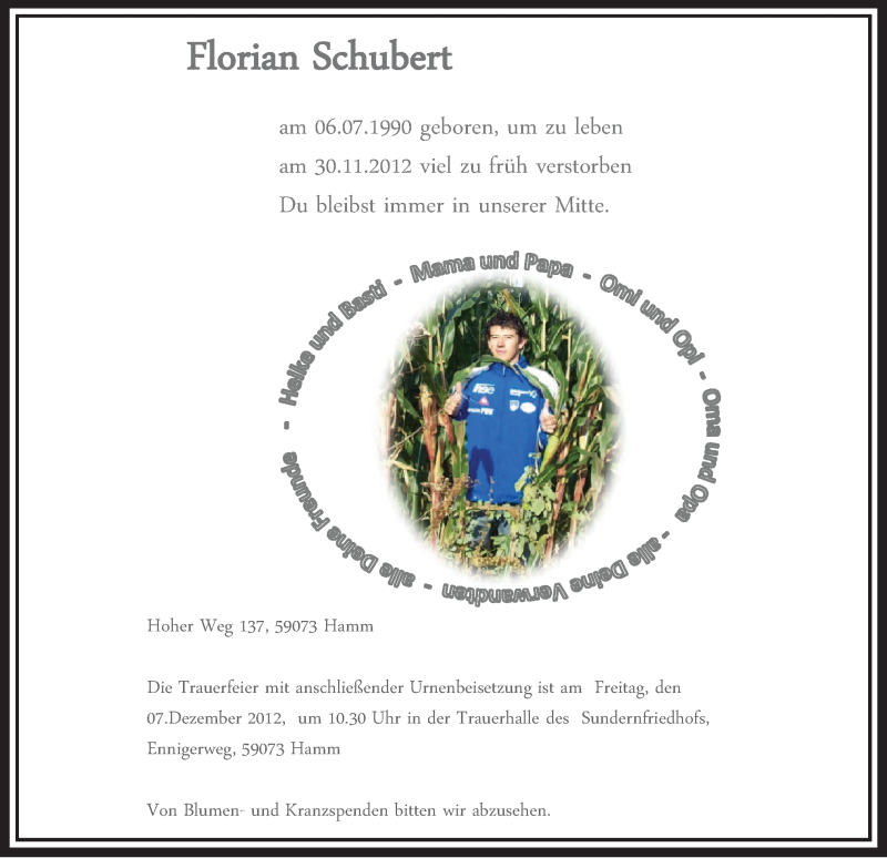  Traueranzeige für Florian Schubert vom 04.12.2012 aus MZV