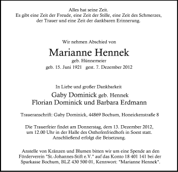 Todesanzeige von Marianne Hennek von MZV