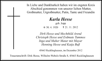 Todesanzeige von Karla Hesse von MZV