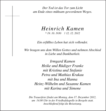Todesanzeige von Heinrich Kamen von MZV