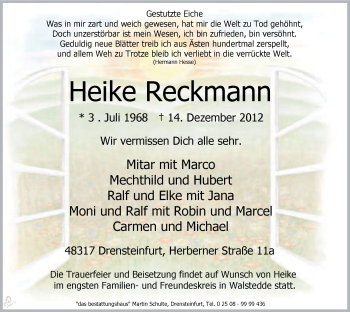 Todesanzeige von Heike Reckmann von MZV